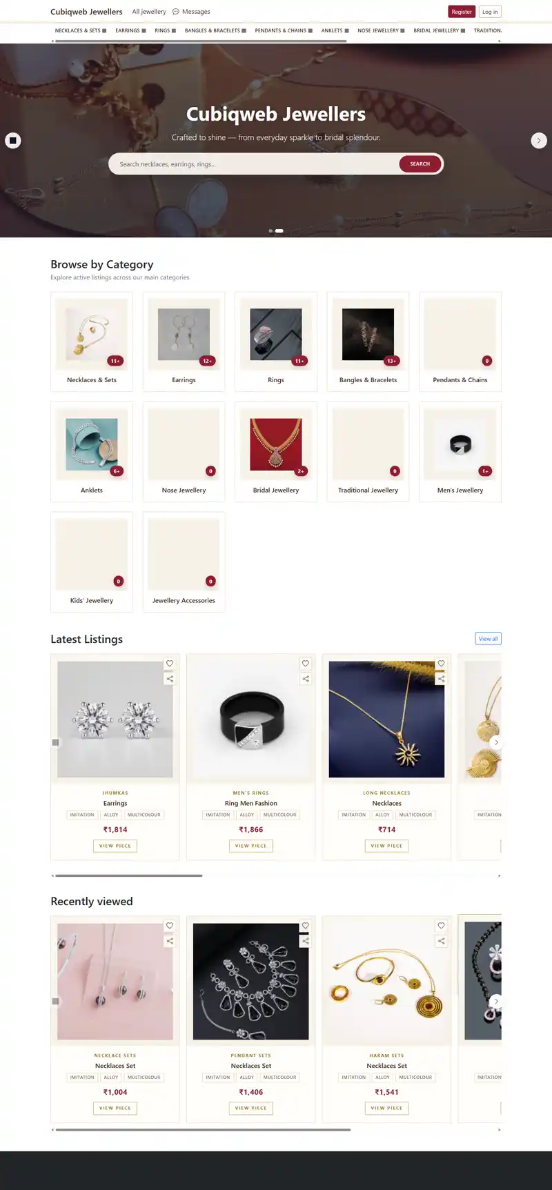 Cubiqweb Jewellers marketplace home page screenshot placeholder