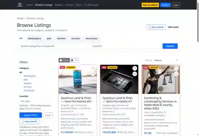 Listings browse with advanced search filters and results grid