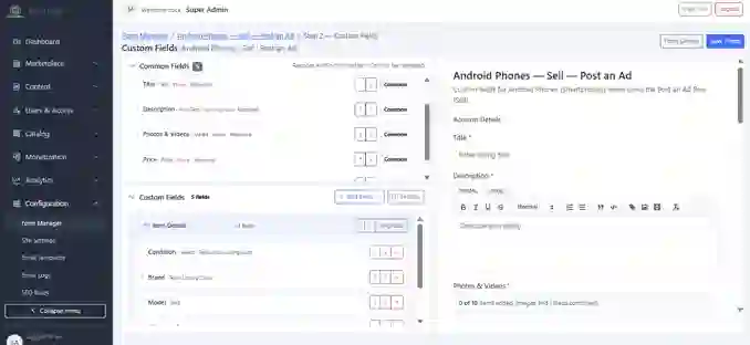 Admin custom form builder for category-specific listing fields