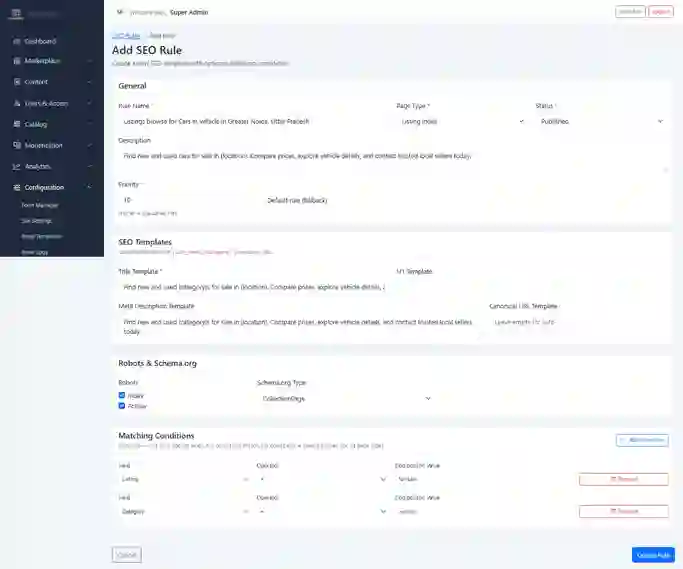 Admin dynamic SEO rules and templates configuration