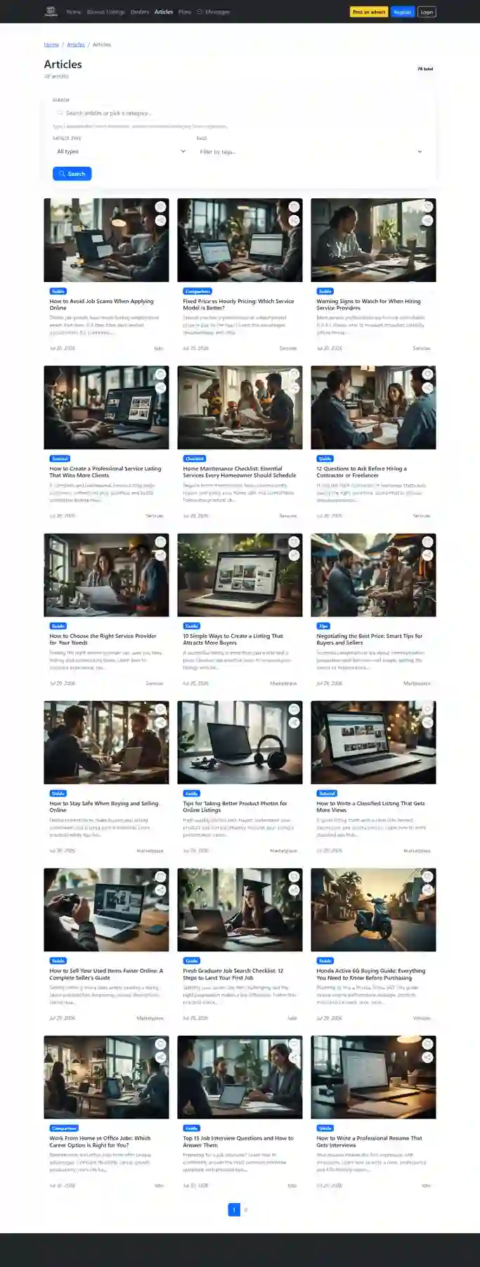 Articles and guides browse page on the marketplace