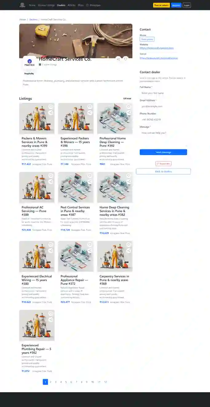 Dealer detail page with banner, contact options, and seller listings