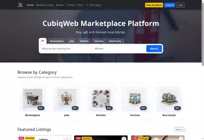 CubiqWeb marketplace home page with featured listings and category browse