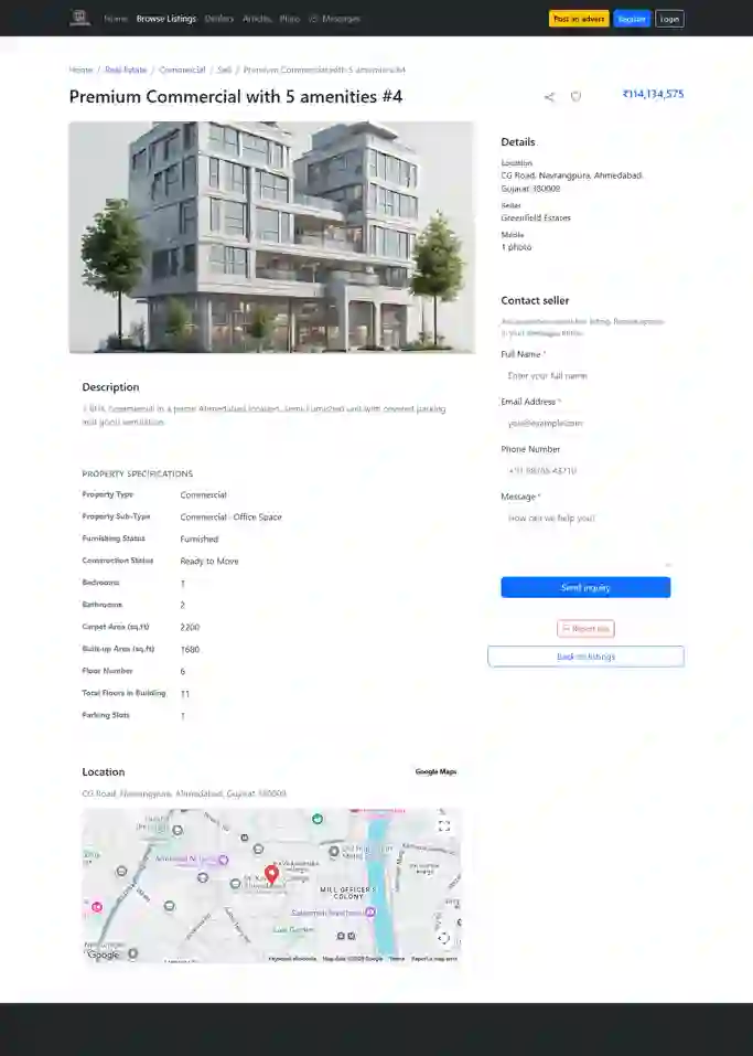 Public listing detail page with gallery, attributes, and enquiry options